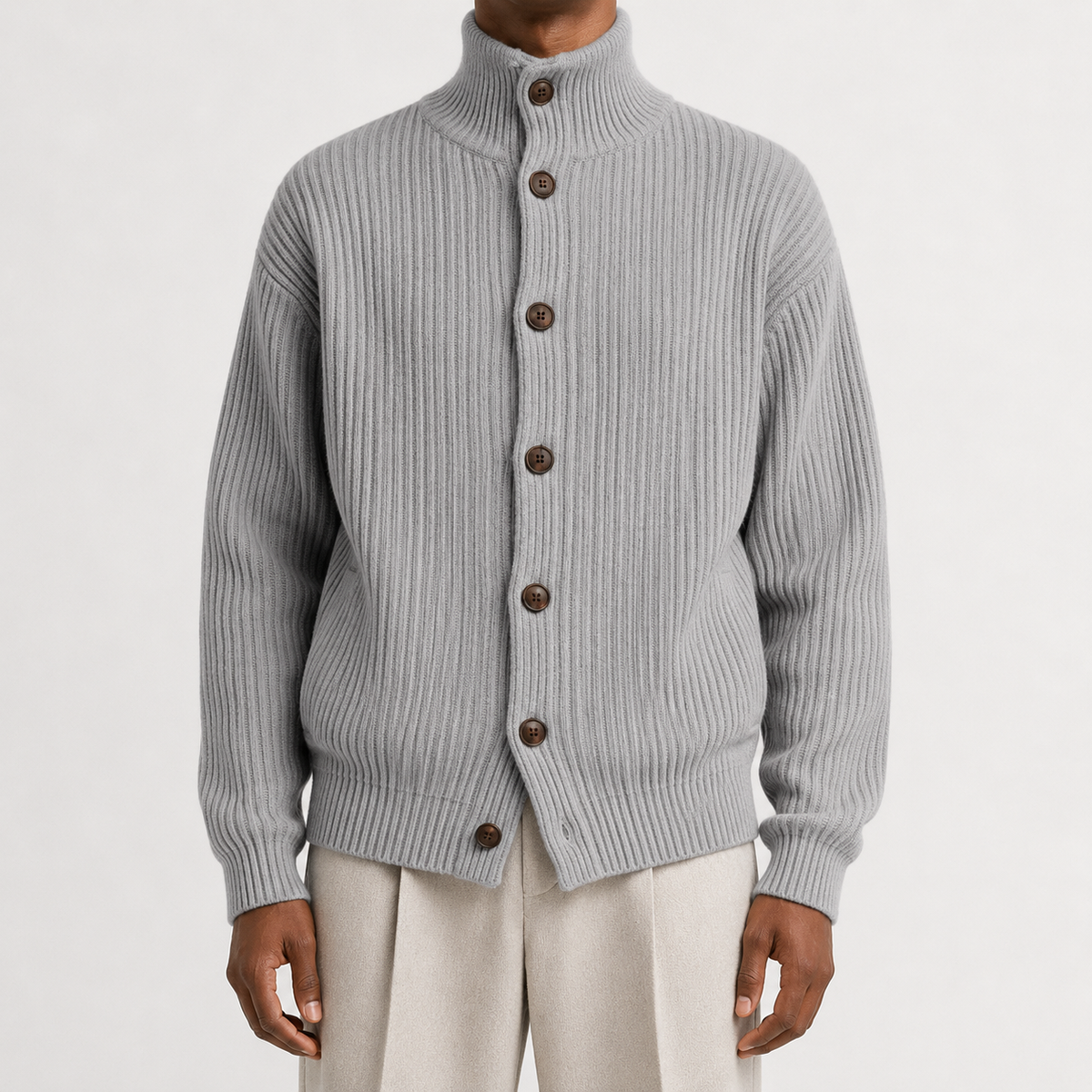 Men’s Roll Neck Cardigan – Knitted High Neck Button Front Jumper