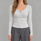Women’s Ribbed Top – Long Sleeve Round Neck Henley Shirt with Button Placket