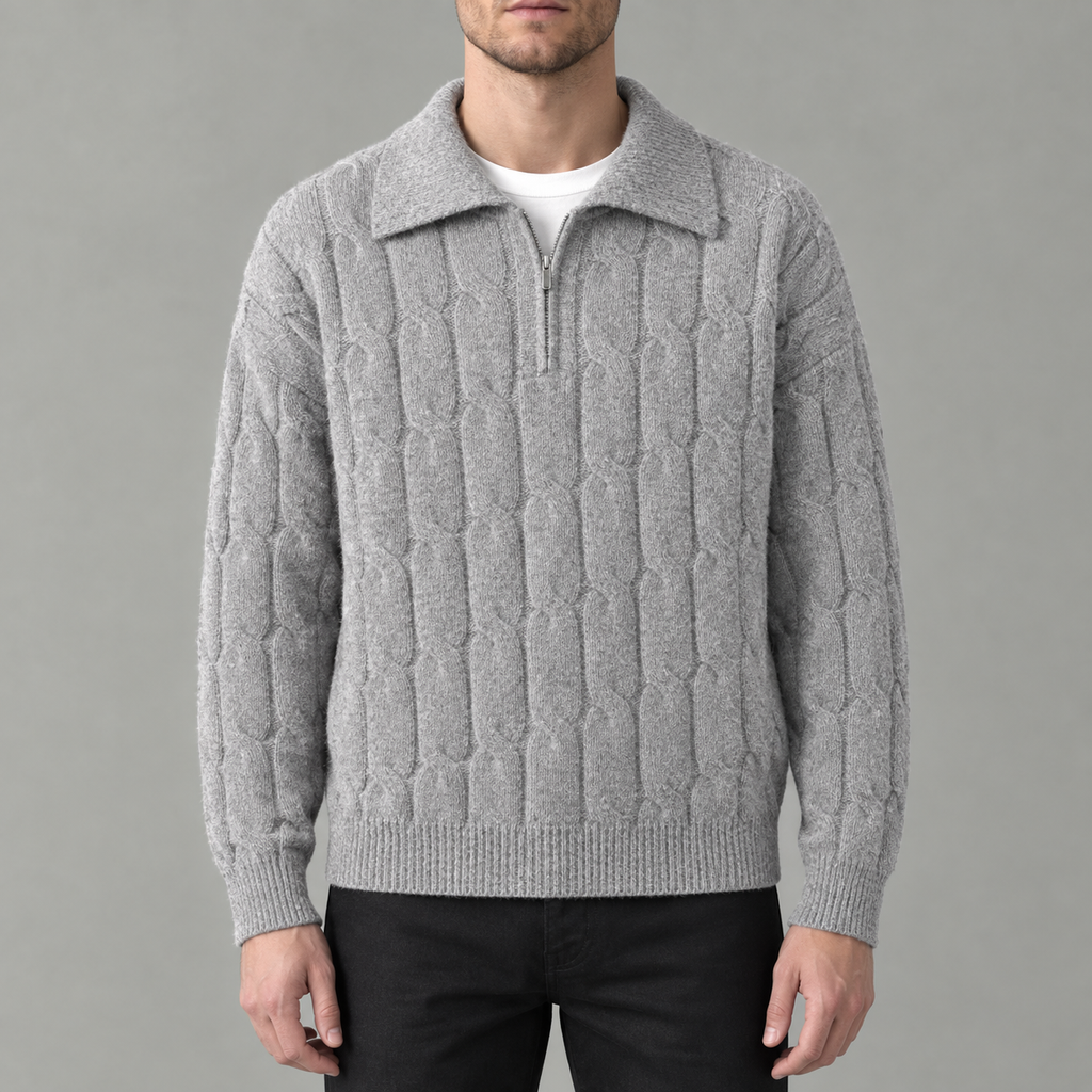 Men’s Cable Knit Jumper – Quarter Zip Loose Fit Ribbed Collared Jumper
