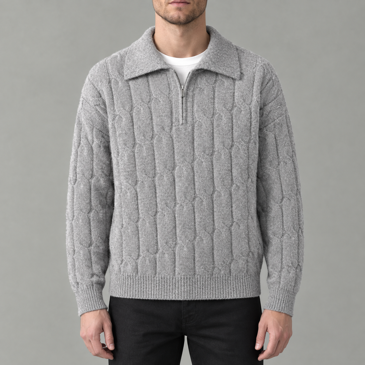 Men’s Cable Knit Jumper – Quarter Zip Loose Fit Ribbed Collared Jumper