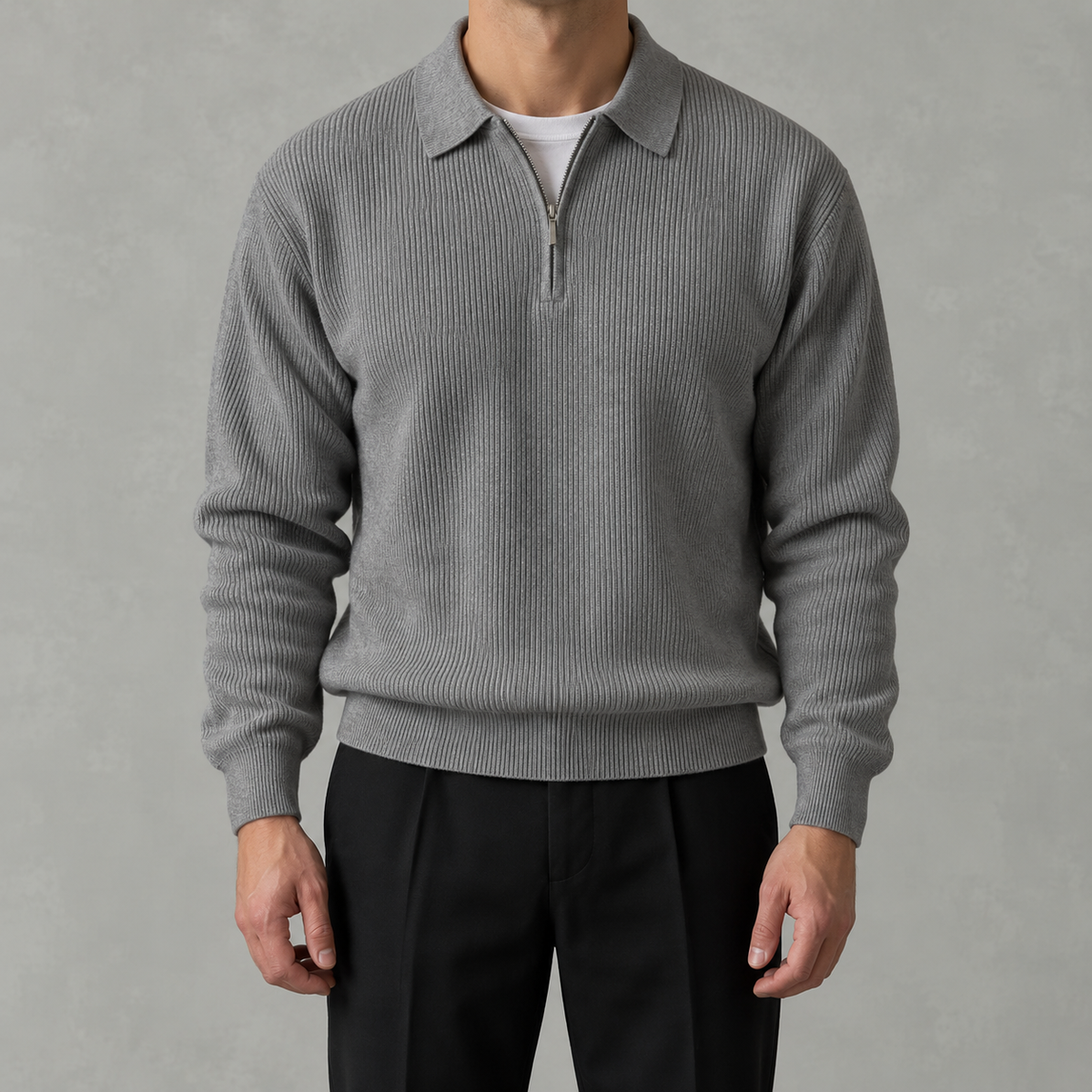 Men’s Knitted Polo Quarter Zip – Long Sleeve Zipped Polo Collar Autumn Jumper