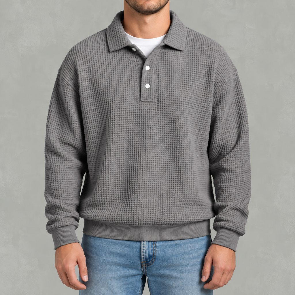 Men’s Long Sleeve Polo Shirt – Waffle Knit Retro Short Sleeve Textured Top