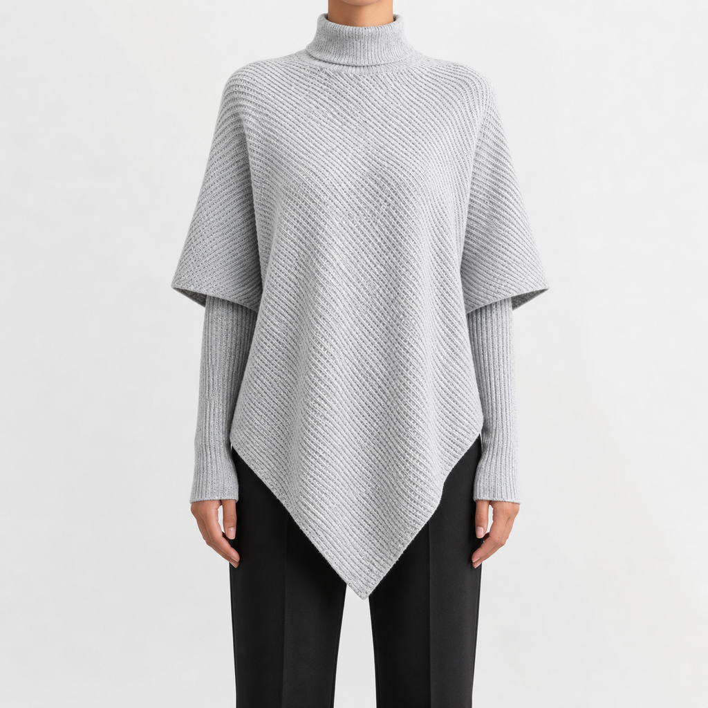 Women’s Asymmetric Jumper – Elegant Knitted Long Sleeve Pullover with Draped Hem
