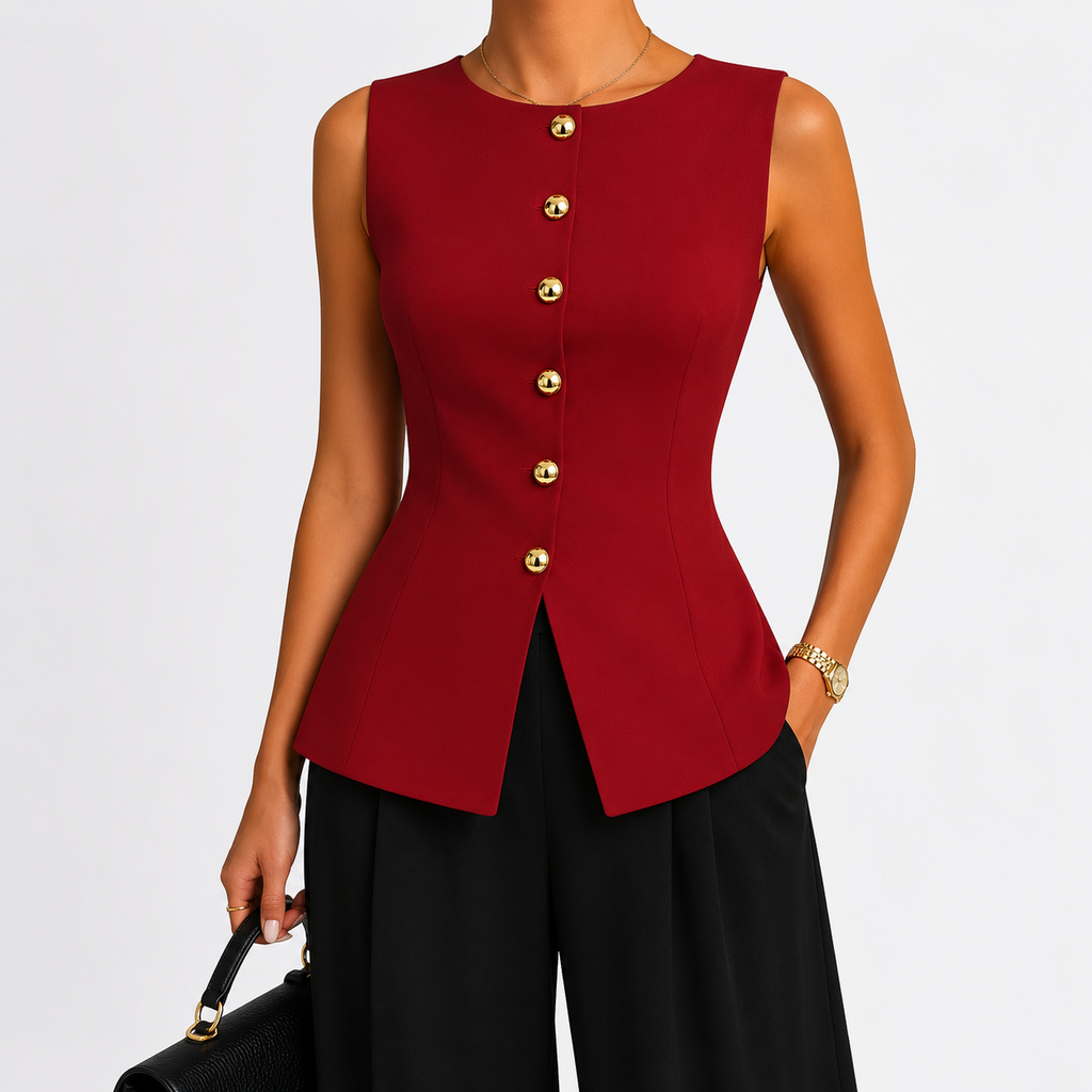 Women’s Knit Vest Top – Metal Buckle Detail Sleeveless Split Hem Jumper