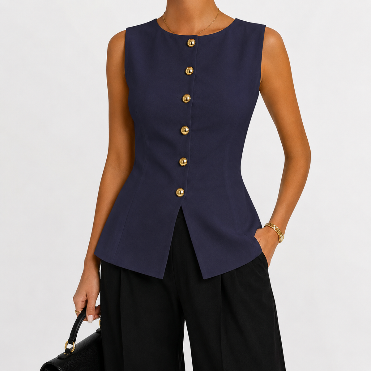 Women’s Knit Vest Top – Metal Buckle Detail Sleeveless Split Hem Jumper