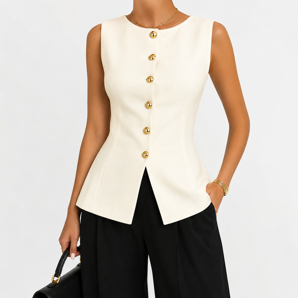 Women’s Knit Vest Top – Metal Buckle Detail Sleeveless Split Hem Jumper