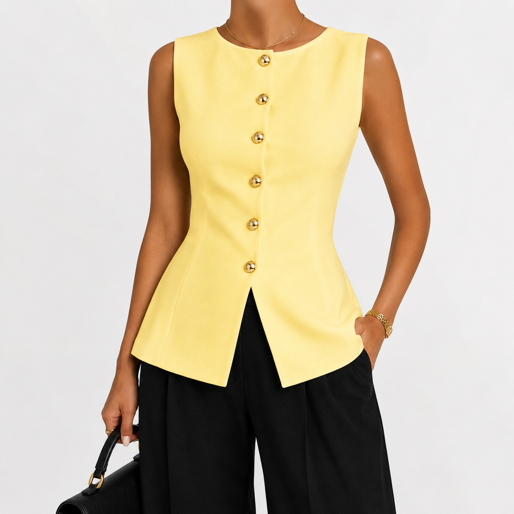 Women’s Knit Vest Top – Metal Buckle Detail Sleeveless Split Hem Jumper