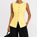 Women’s Knit Vest Top – Metal Buckle Detail Sleeveless Split Hem Jumper