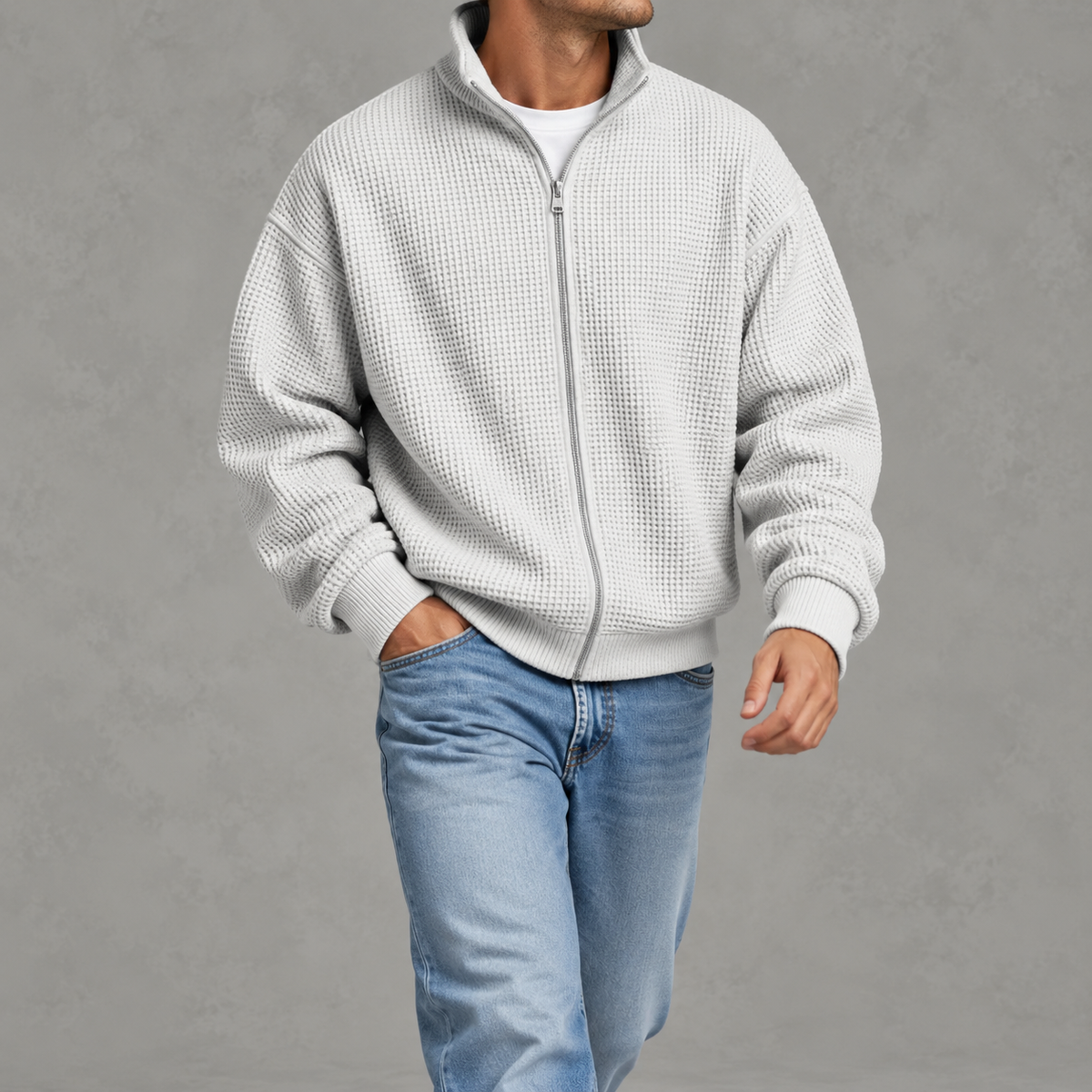 Men’s Waffle Knit Jacket – Stand Collar Full Zip Textured Casual Jacket