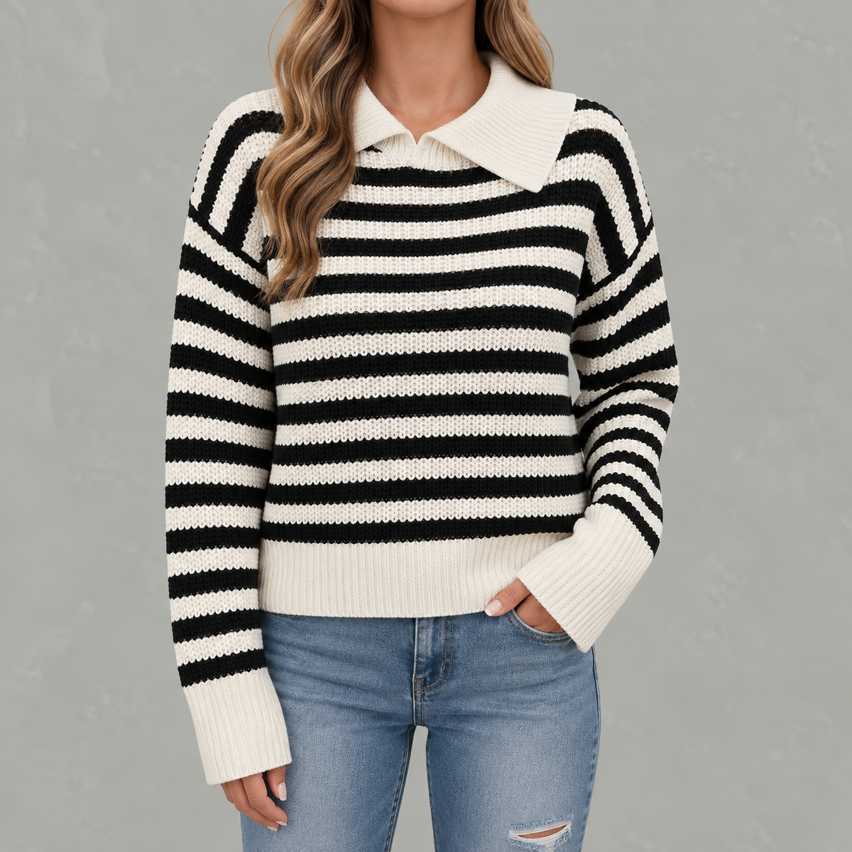Women’s Striped Jumper – Loose Fit Knitted Polo Collar Long Sleeve Sweater