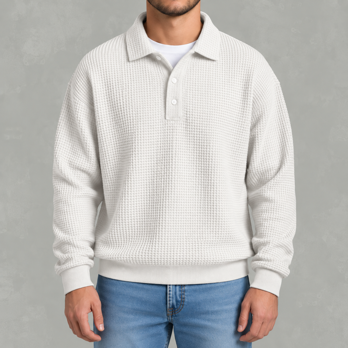Men’s Long Sleeve Polo Shirt – Waffle Knit Retro Short Sleeve Textured Top